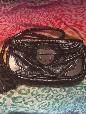 Elliott Lucca Black Patent Leather Tassel Wristlet Clutch